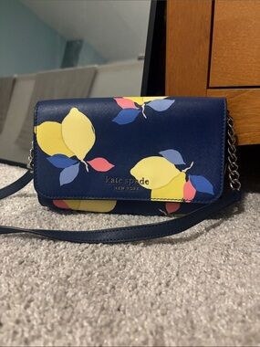 kate spade navy lemon print crossbody with pink and blue accents